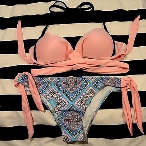 2 Piece Bikini, Top: Pink,Small Bottom: Pink & Blue, Small